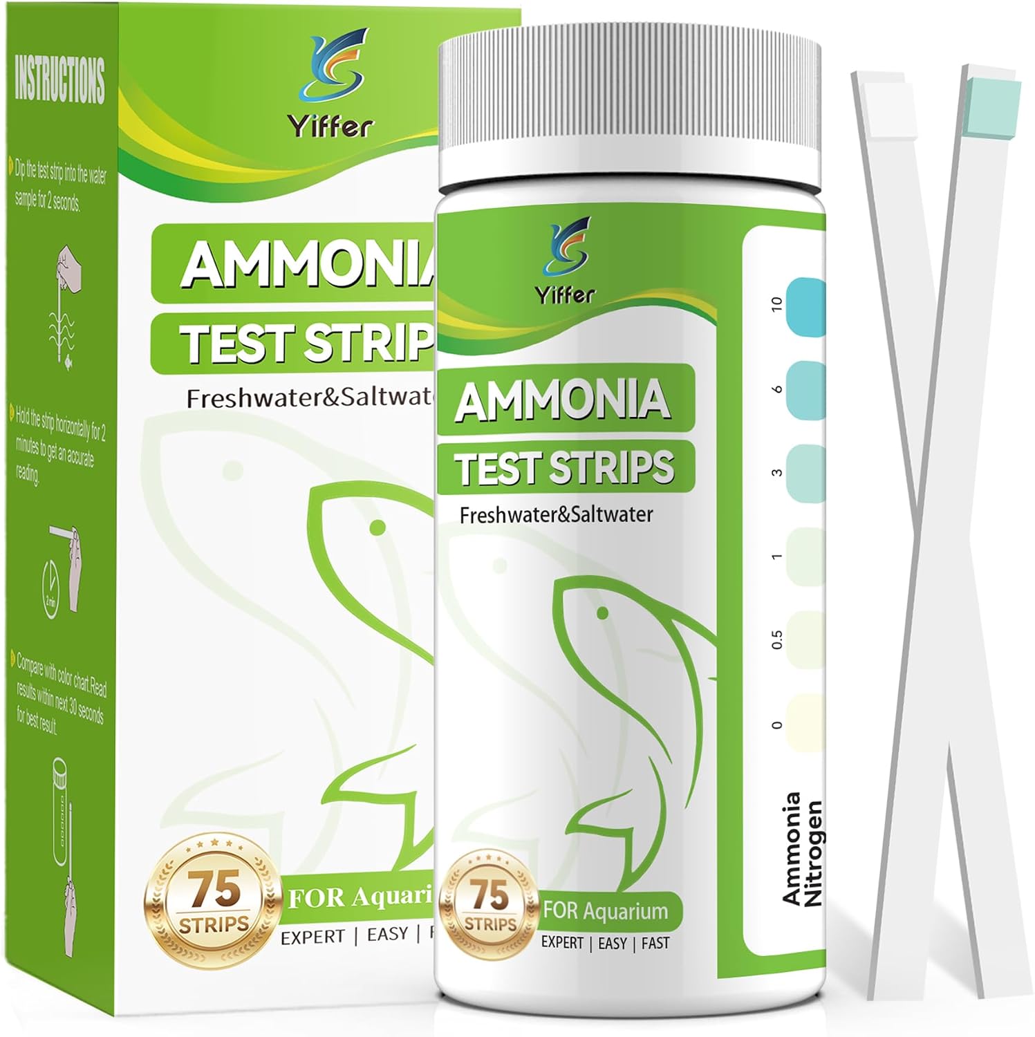 75-Count Ammonia Test Strips for Fish Tank | Freshwater & Saltwater,Ammonia Aquarium test kit for Ponds, Betta