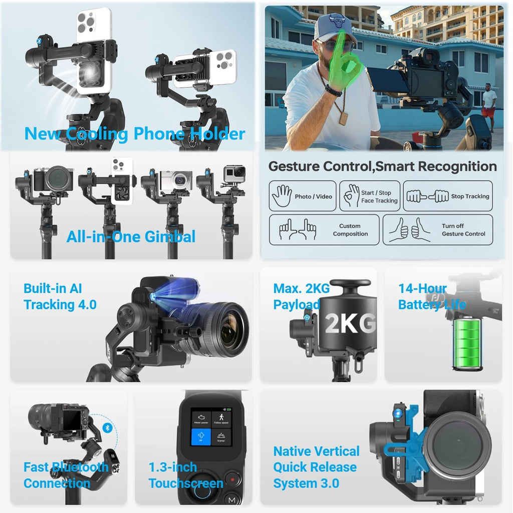 SCORP Mini 3 Kit All-in-One Gimbal Stabilizer with AI Tracking | 4.4lb Payload, Bluetooth Shutter Control, Ergonomic