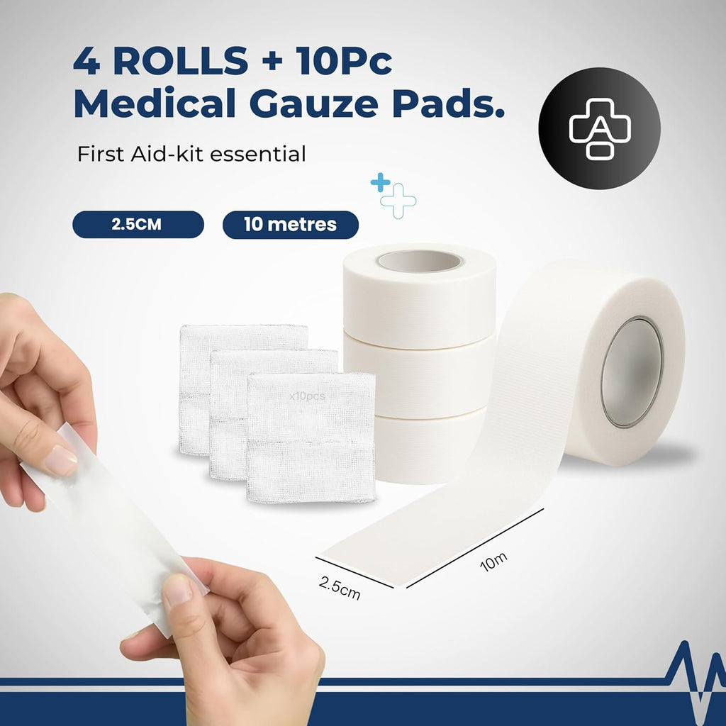Cloth Medical Tape Waterproof, 4 Rolls x 1 inch + 10pc Gauze Pads | Hypoallergenic Surgical Tape For Wound Care