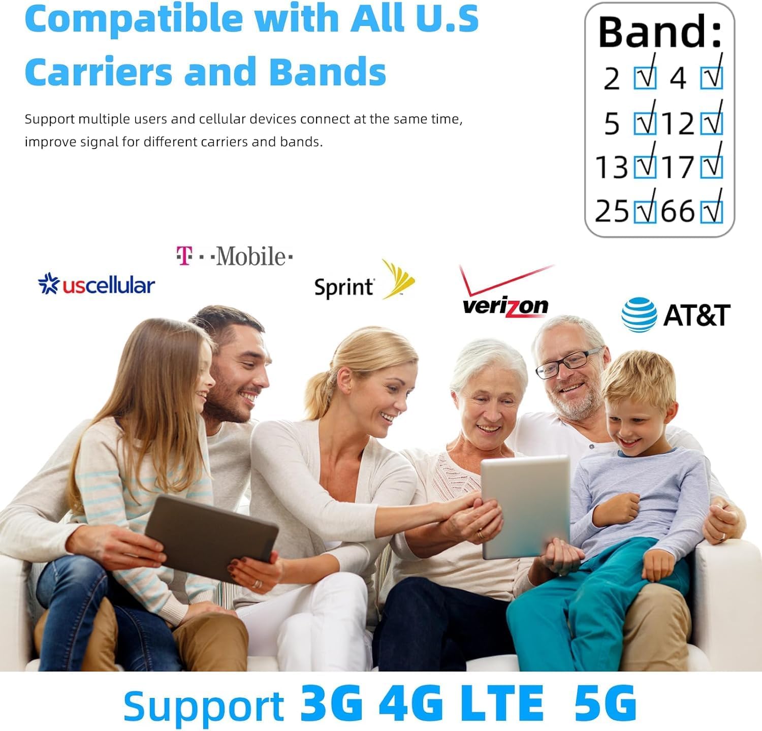 Cell Phone Booster for Home, Up to 6000 Sq.Ft,Cell Phone Signal Booster with 2 Indoor Antennas for Band