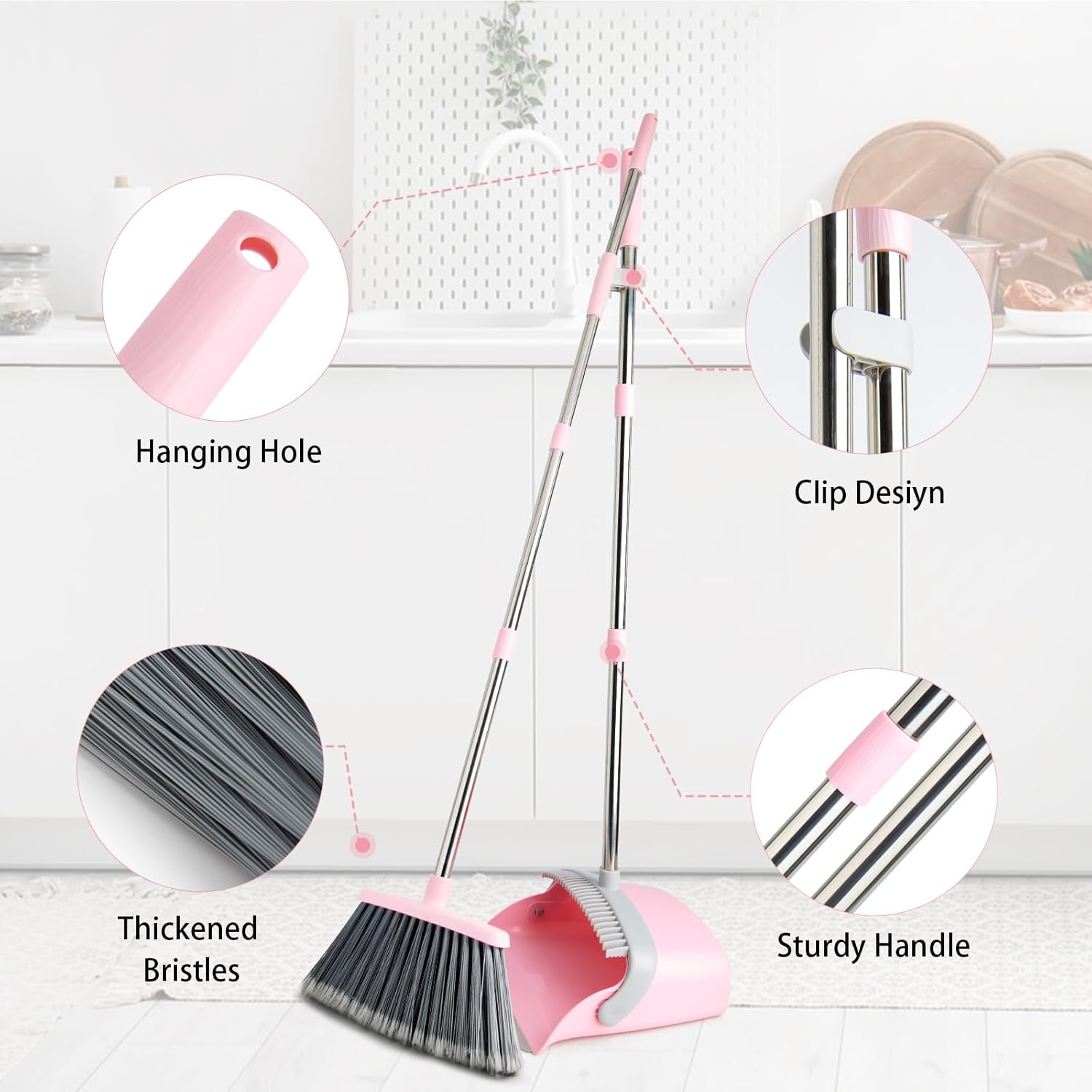 Broom and Dustpan Combo Set, Long Handle and Standing Dust Pan with Comb Teeth, Efficient Floor Cleaning for Kitchen