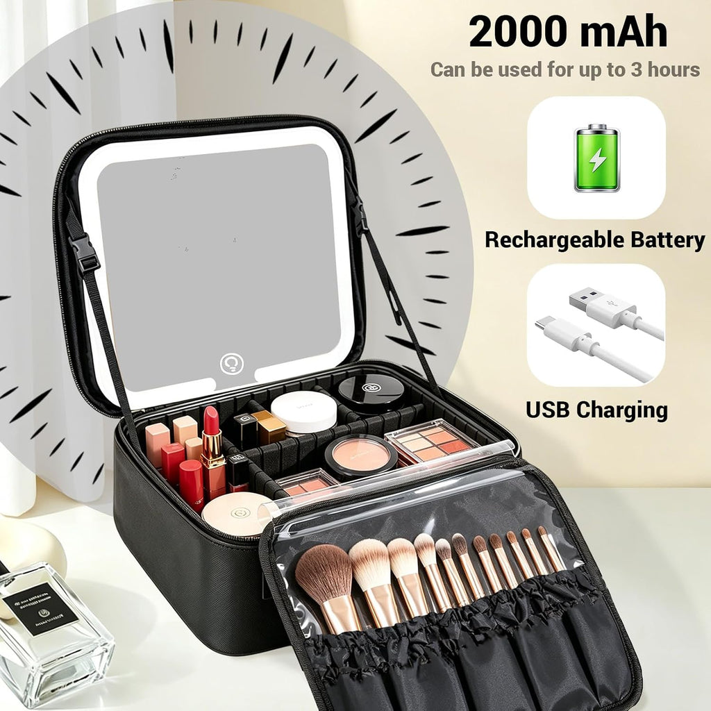 Travel Makeup Bag with LED Mirror, Travel Makeup Organizer，Three-level Adjustable Brightness, Makeup Bag with