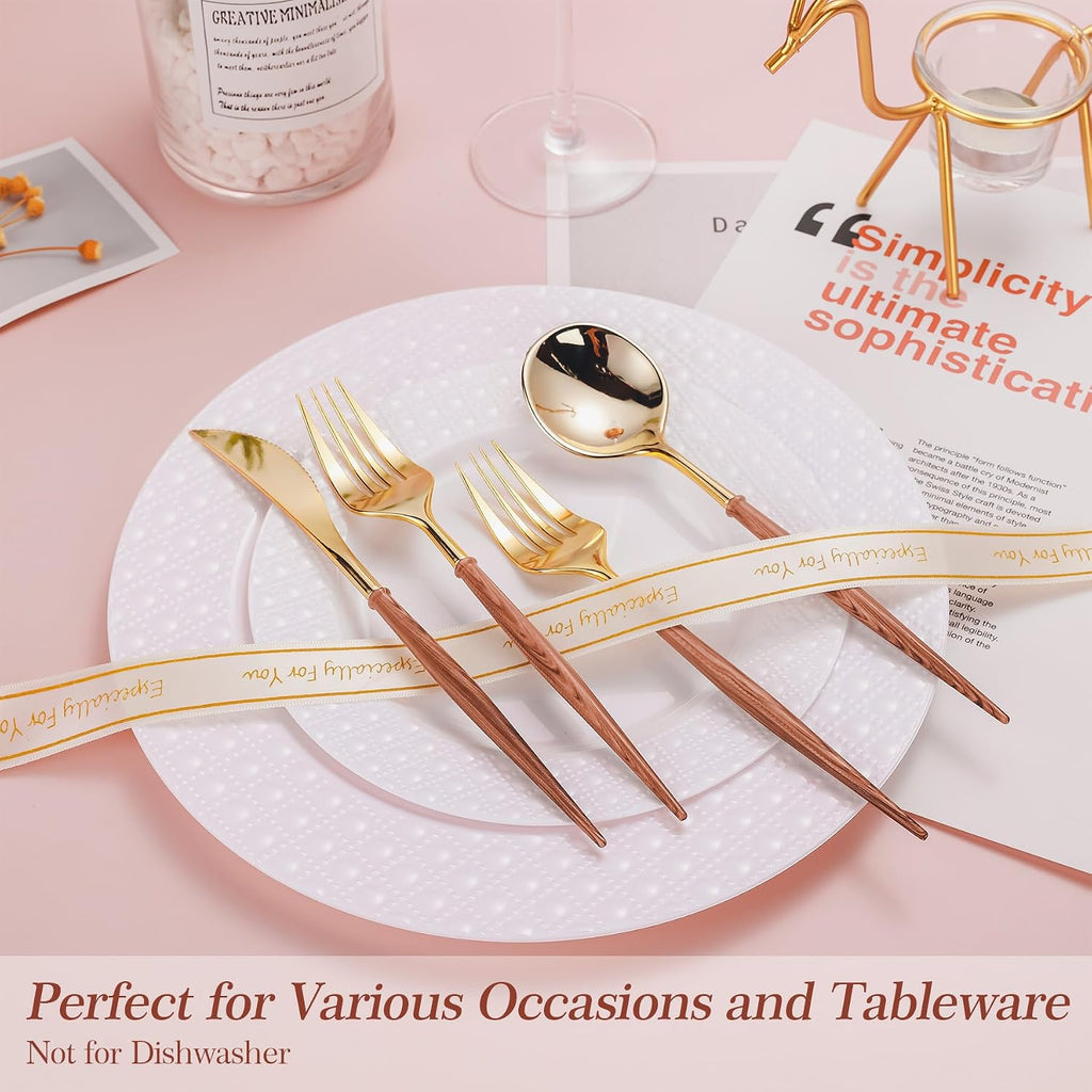 120PCS High End Gold Plastic Silverware with Wood Grain Handle