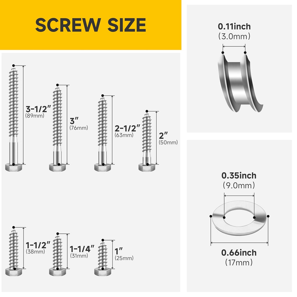 5/16 Hex Head Lag Screws Assortment Kit, 74Pcs Heavy Duty Lag Bolts with Washers, 304 Stainless Steel Bolts 18-8