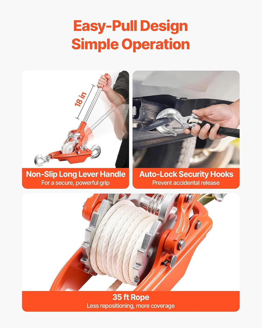 Rope Puller, 6614 lbs Pulling Capacity, Heavy Duty Ratchet Power Puller Tool with 35 ft of 0.3 in Diameter Rope & 2