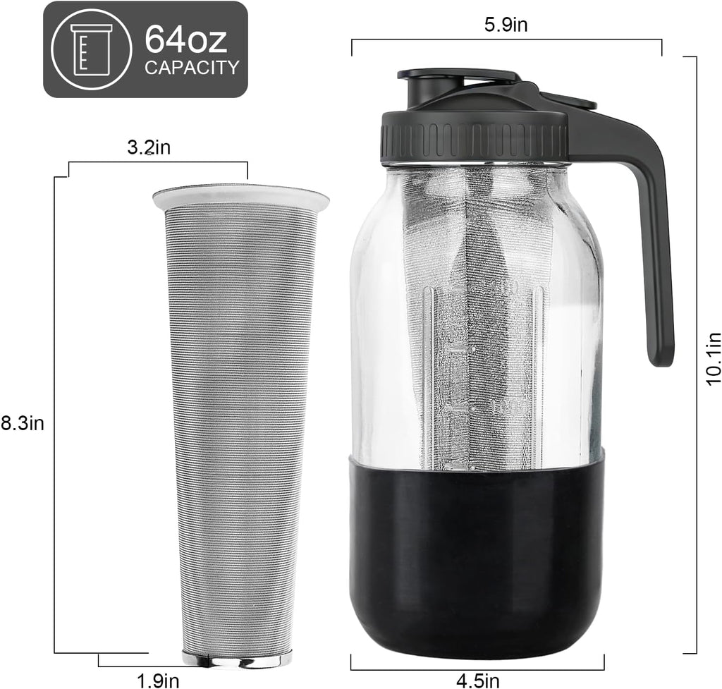 Cold Brew Coffee Maker, 64oz Mason Jar Pitcher with Stainless Steel Filter, Leak-Proof Lid with Pour Spout & Handle