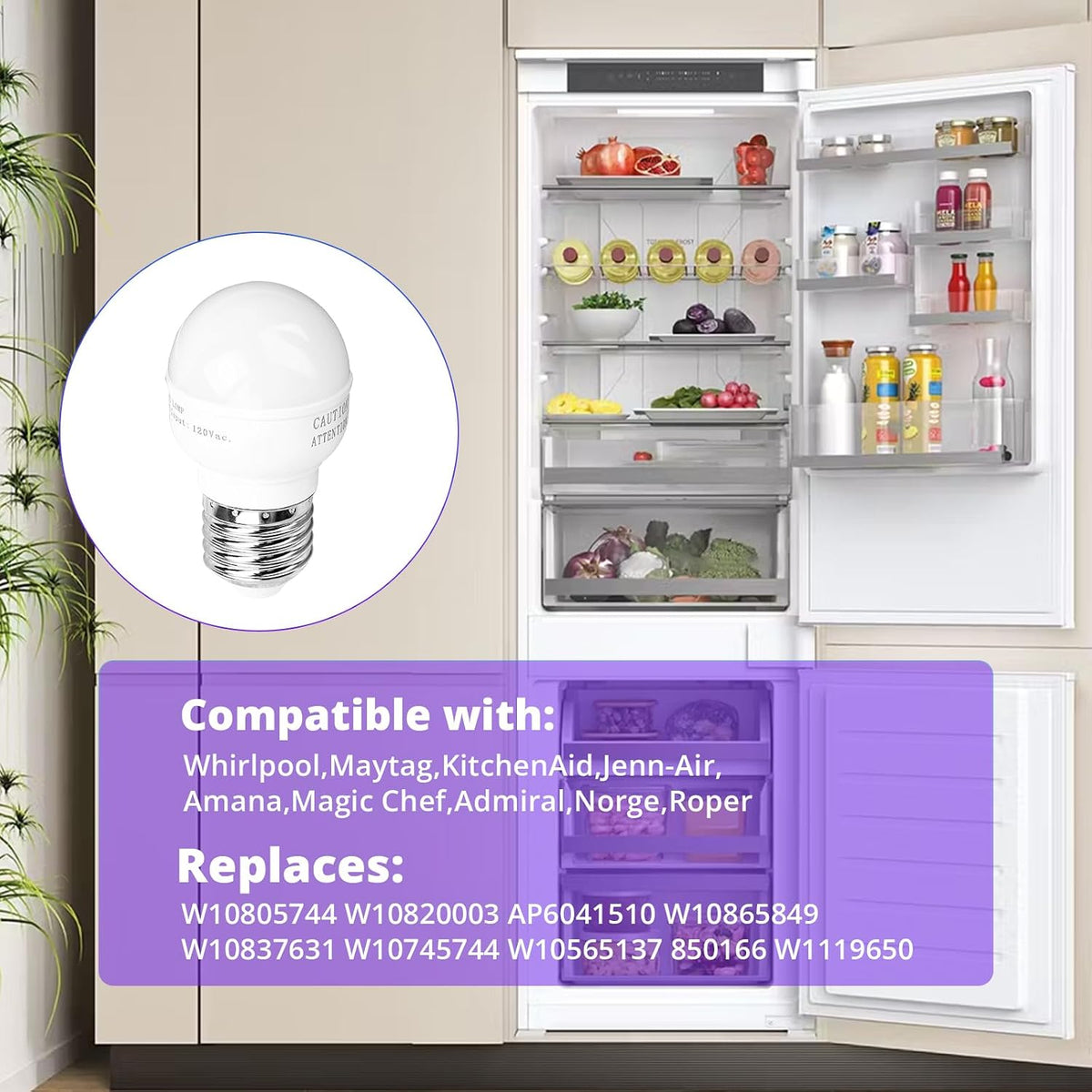 showingo W11043014 W10565137 W10805744 Refrigerator LED Light Bulb Replacement for Whirlpool Frigidaire Maytag Jenn-Air Amana Replaces W11125625 W11216993 W10820003 W10865849 PS12349398 4396822(1 PC)