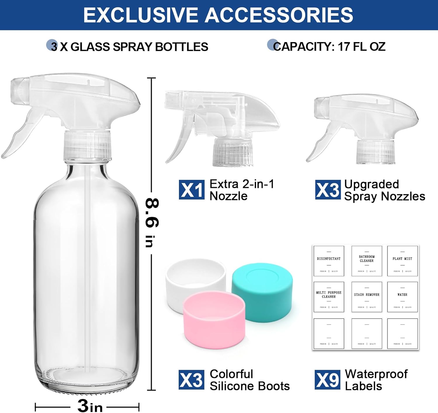 Glass Spray Bottles for Cleaning, 3 Pack Clear Empty Spray Bottle for Cleaning Solutions, 17 fl oz Reusable Spray