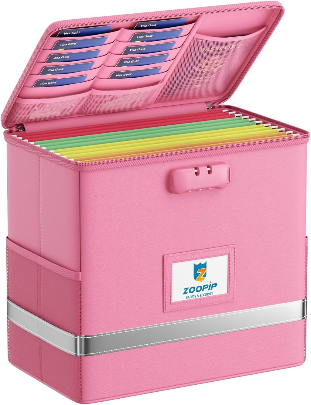Fireproof File Box with Lock, Collapsible Document Organizer, Pink