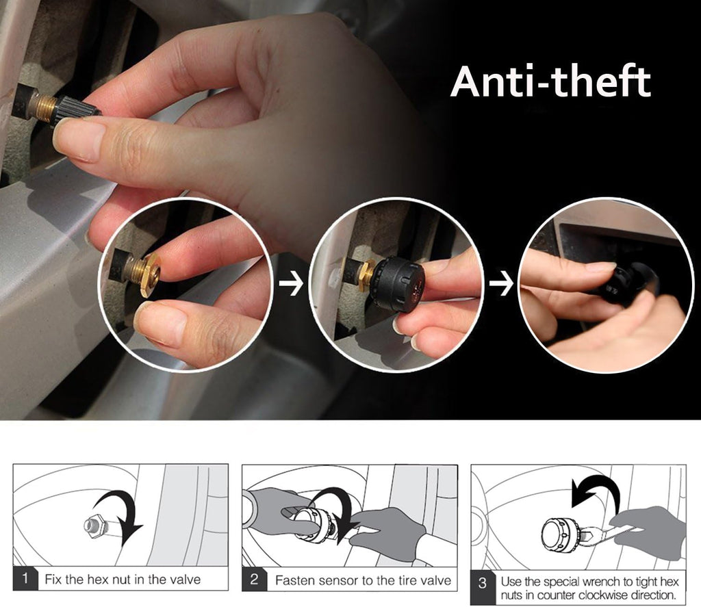 Wireless Tire Pressure Monitoring System (TPMS) for Small Size 4-tire Vehicles, Including 4 External Cap sensors