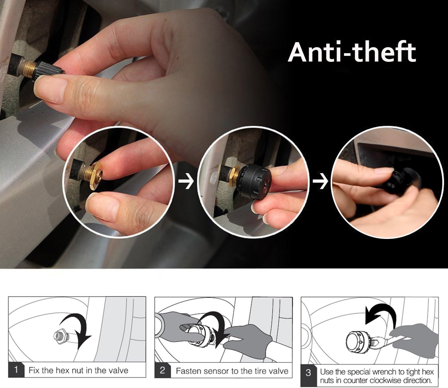 Wireless Tire Pressure Monitoring System (TPMS) for Small Size 4-tire Vehicles, Including 4 External Cap sensors