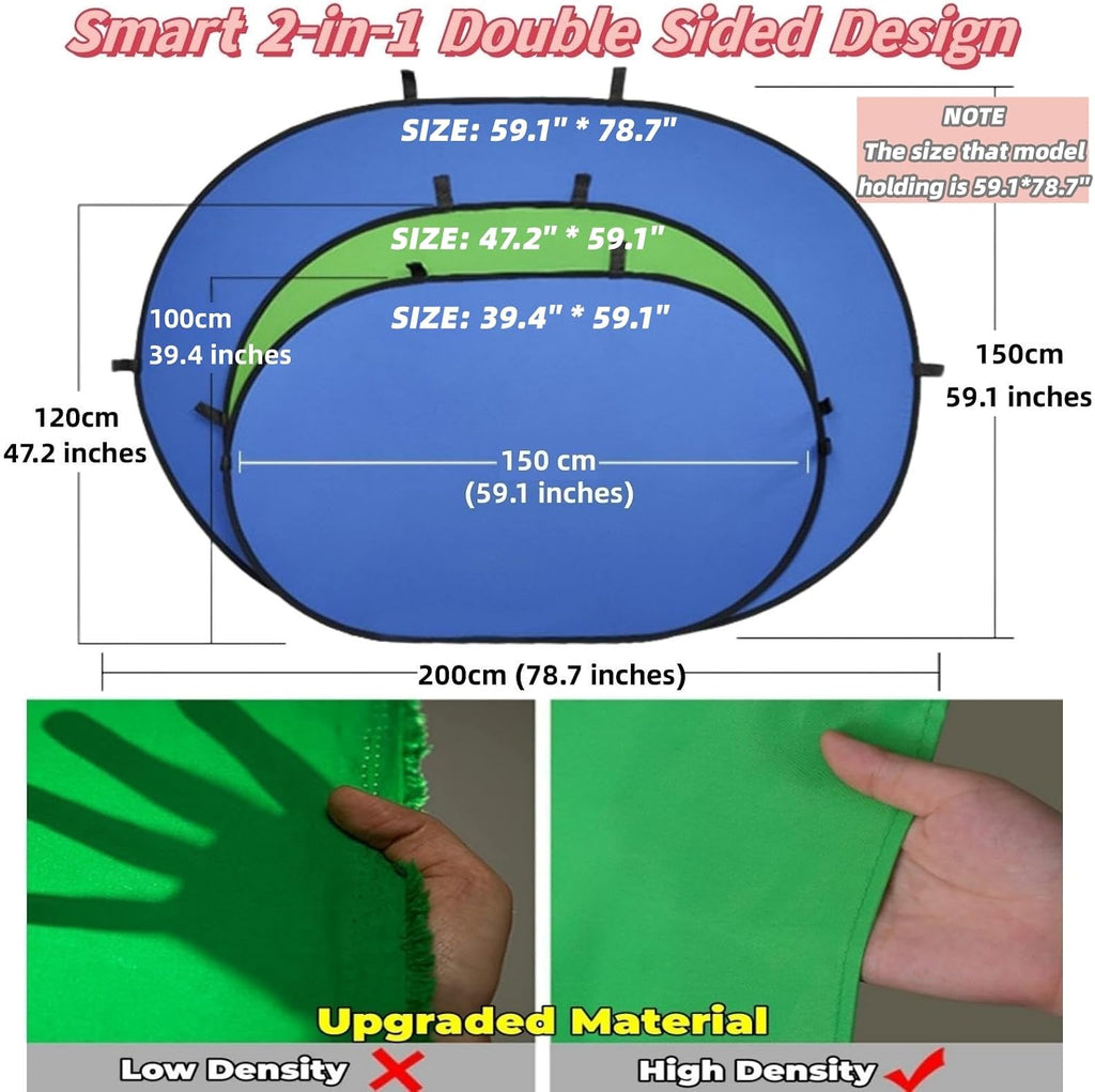 Blue Green Screen Backdrop Double Sided Collapsible Greenscreen Backdrop with Carrying Bag,Portable Pop Up Green