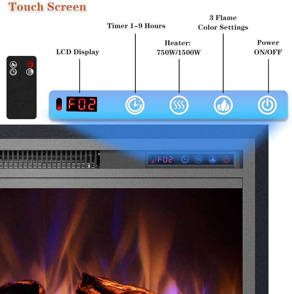 Electric Fireplace, Electric Fireplace Inserts, Recessed Fireplace Heater with Remote Control, Adjustable Flame