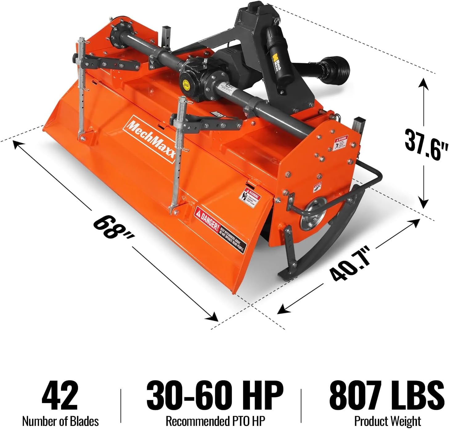 MechMax 60 in Rotary Tiller, 3 Point Hitch Cat.1 & 2, Gear Drive, PTO Shaft Included with Slip Clutch, 30–60 HP, MRT60