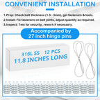 Threlaco 12-inch Conveyor Belt Lacing Fasteners 2 Pairs - Zinc-Plated Carbon Steel Mechanical Splice Kit with 27.5" Continuous Hinge Pin for 1.5-3mm Light-Duty Belts