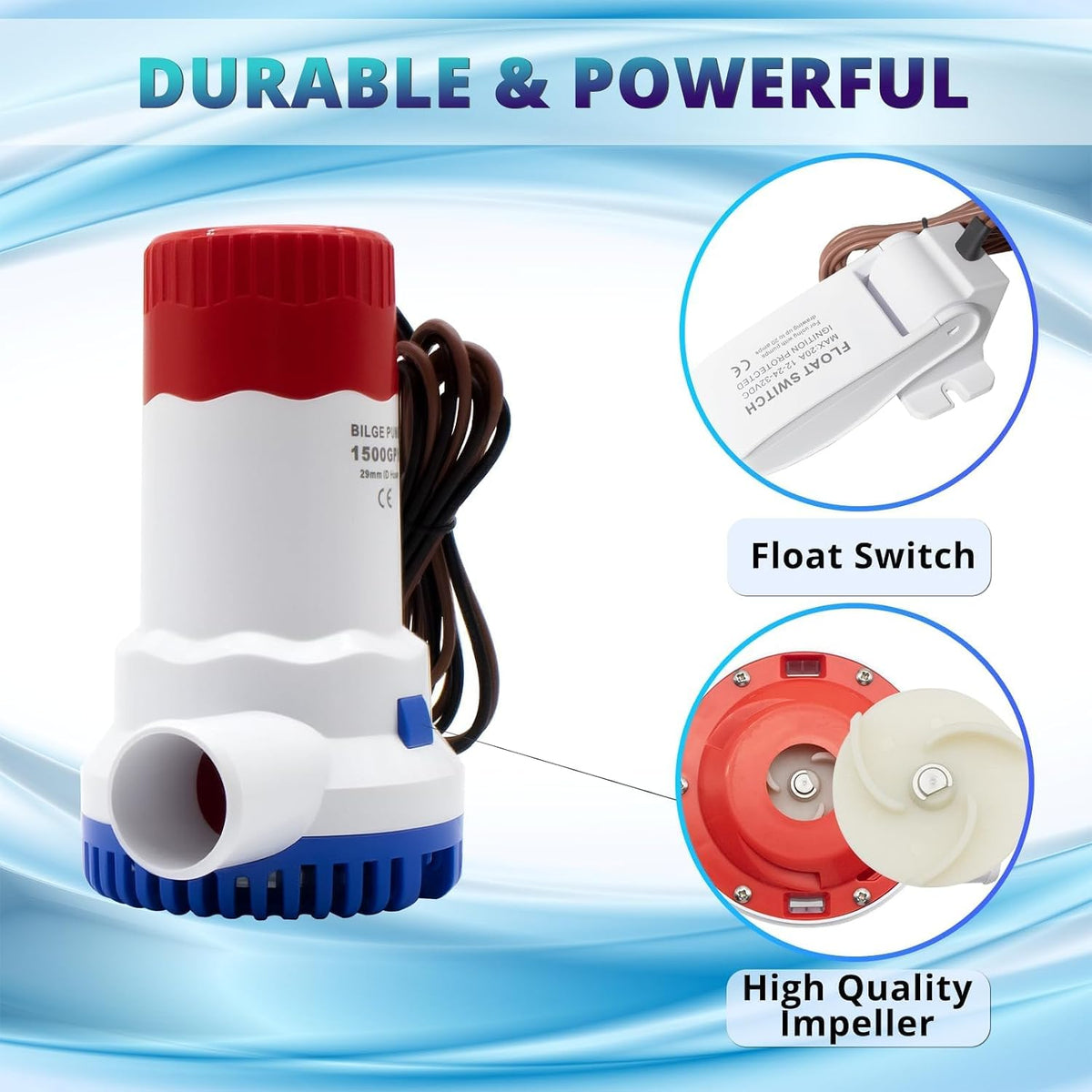 12V 1500 GPH Bilge Pump with Float Switch, 1 Pack