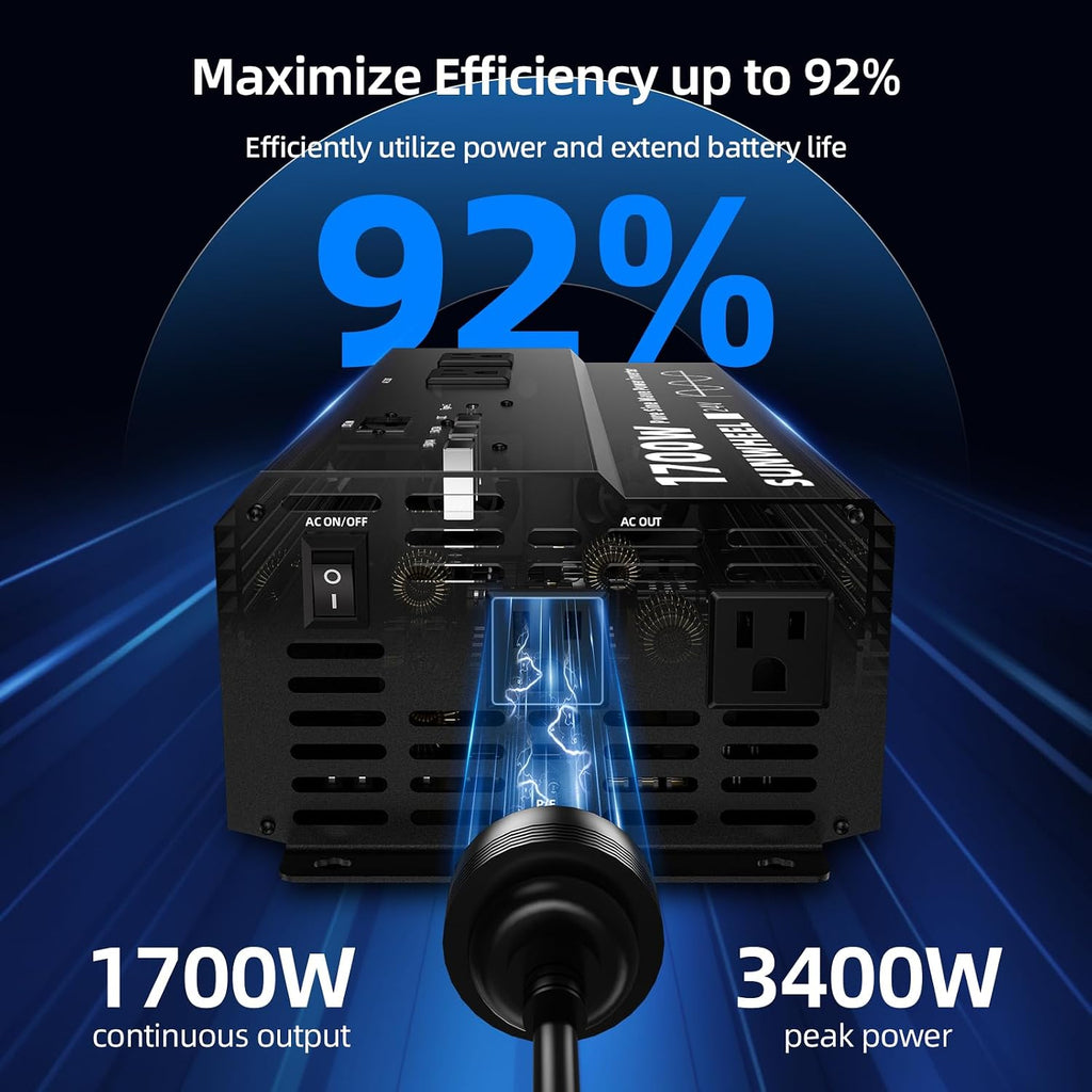 1700W 24V Pure Sine Wave Inverter, 24 Volt Power Inverter | 24V DC to 110V/120V AC for RV、Off Grid、Truck、Power Outage