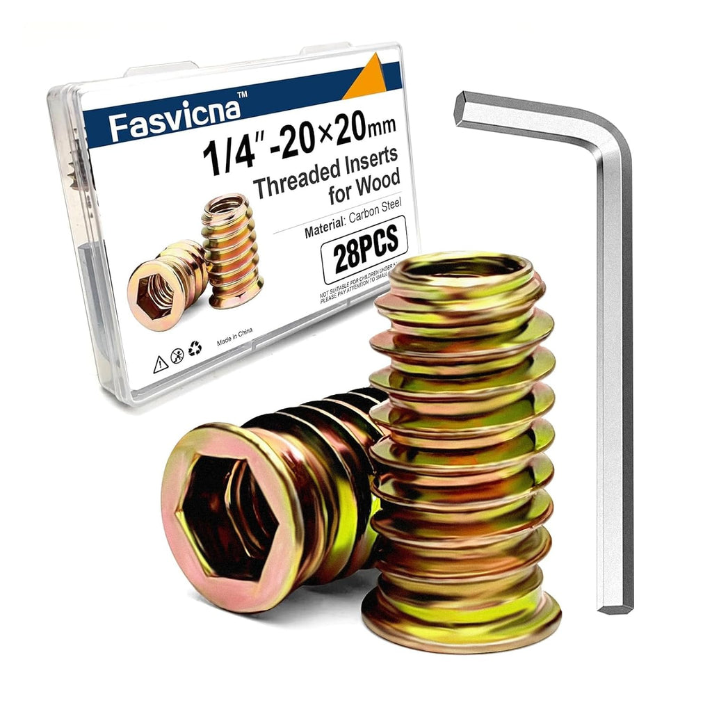 28PCS 1/4"-20 x 20mm Threaded Inserts for Wood, Hex Drive Nuts