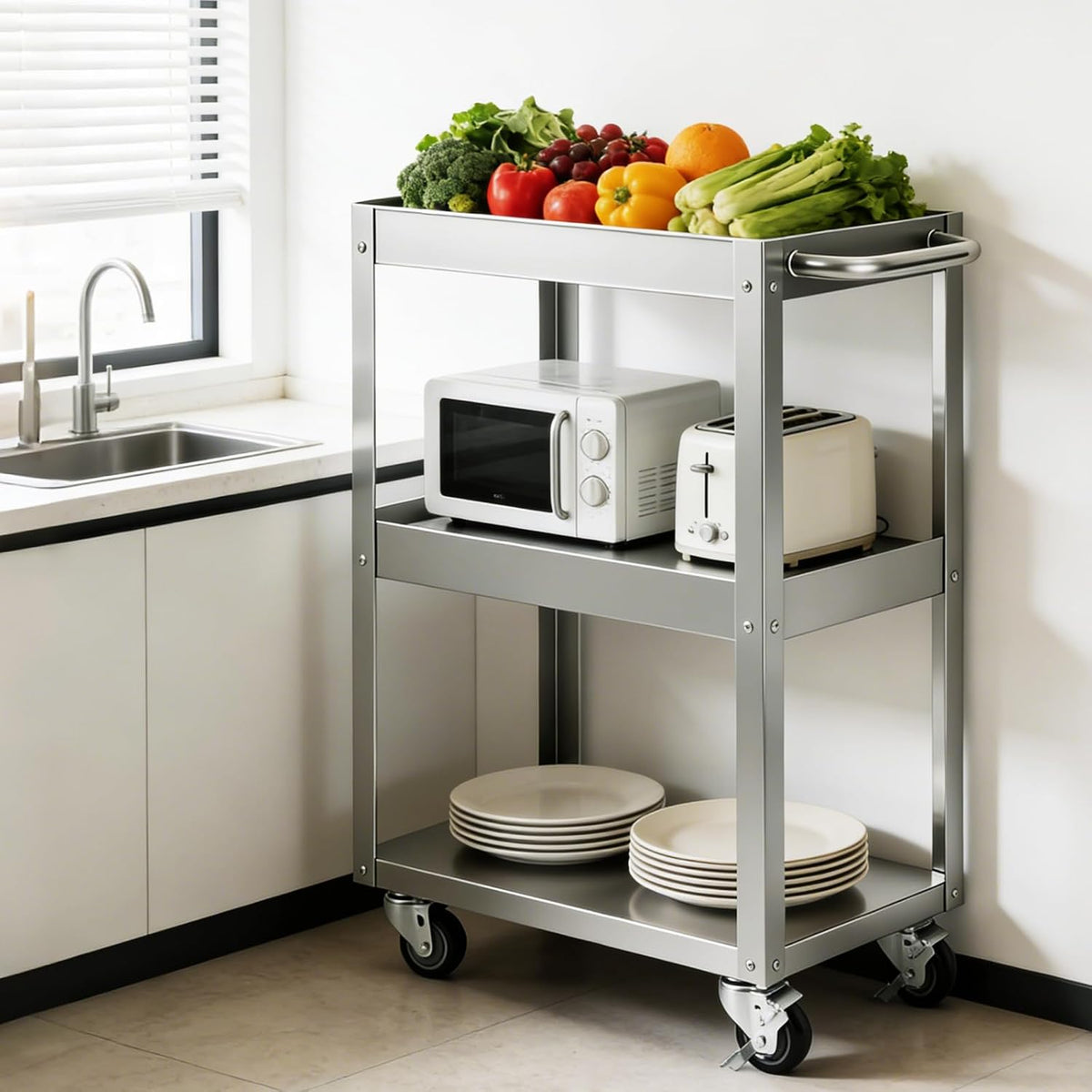 Hally Stainless Steel Utility Cart 3 Tier NSF Rolling Carts 24" Lx16 Wx34 H