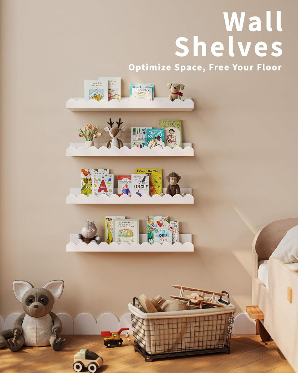 Nursery Book Shelves, 4-Pack White Floating Shelves for Wall Kids, Scalloped Shelves, Wall Book Shelves for Bedroom