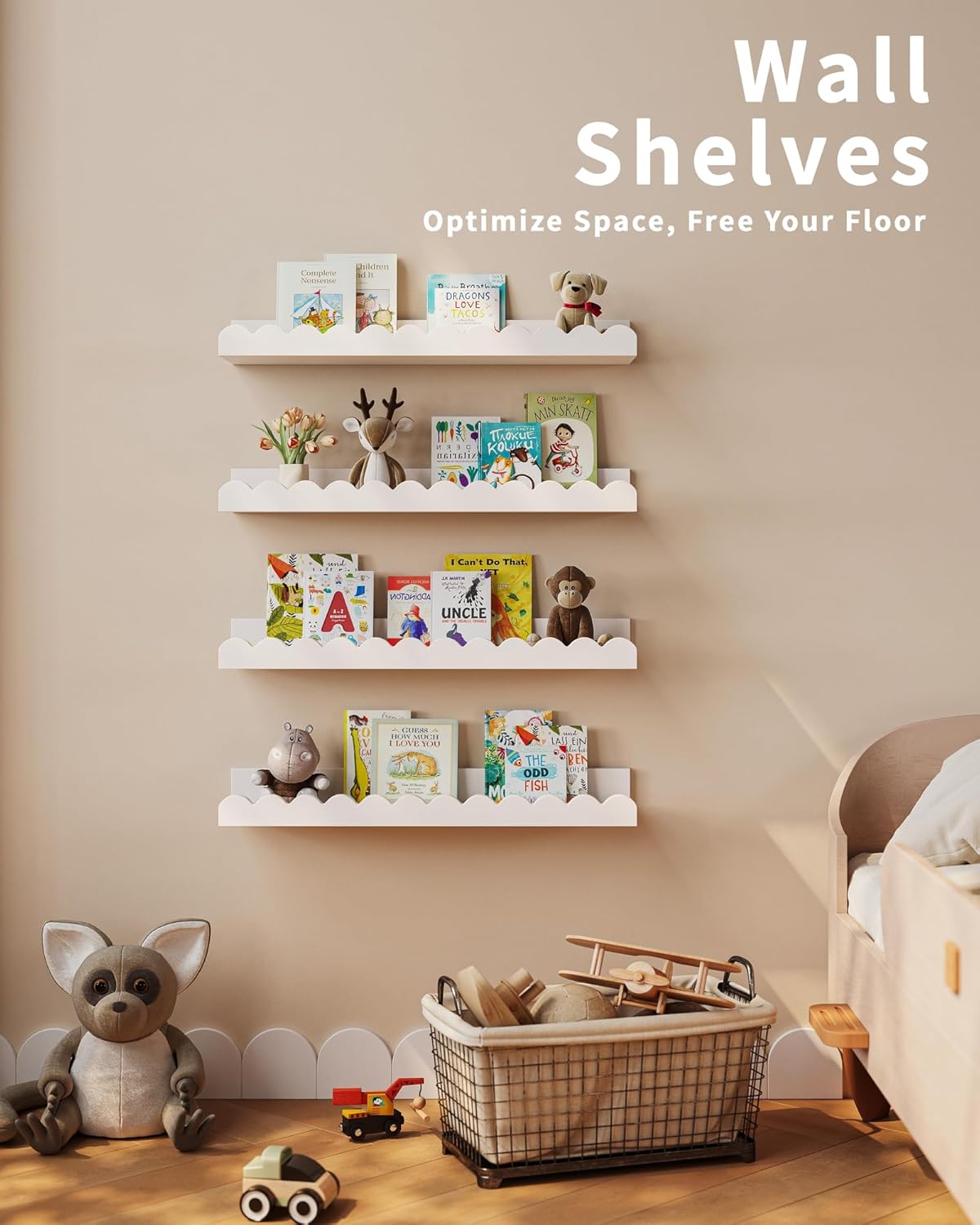 Nursery Book Shelves, 4-Pack White Floating Shelves for Wall Kids, Scalloped Shelves, Wall Book Shelves for Bedroom