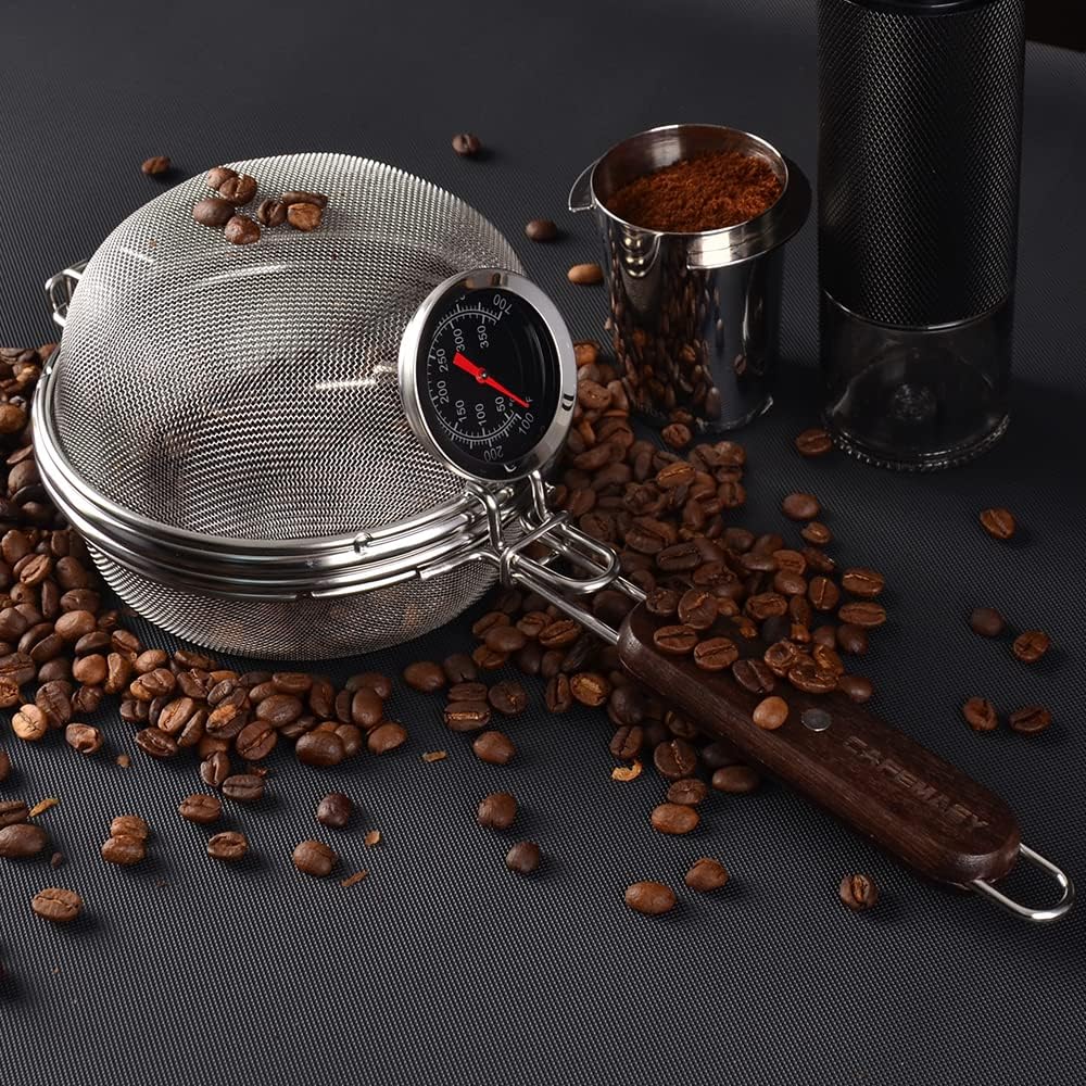Home Coffee Bean Roaster Tool - CAFEMASY Portable Stainless Steel Handy Coffee Roaster Mesh Pan Tool with Thermometer
