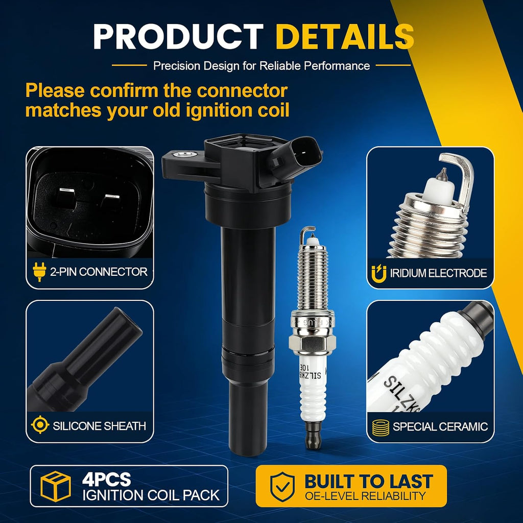 Ezexpreze UF651 Set of 4 Ignition Coil Pack (2-pin) and 93815 Iridium Spark Plugs Compatible with Hyundai Elantra