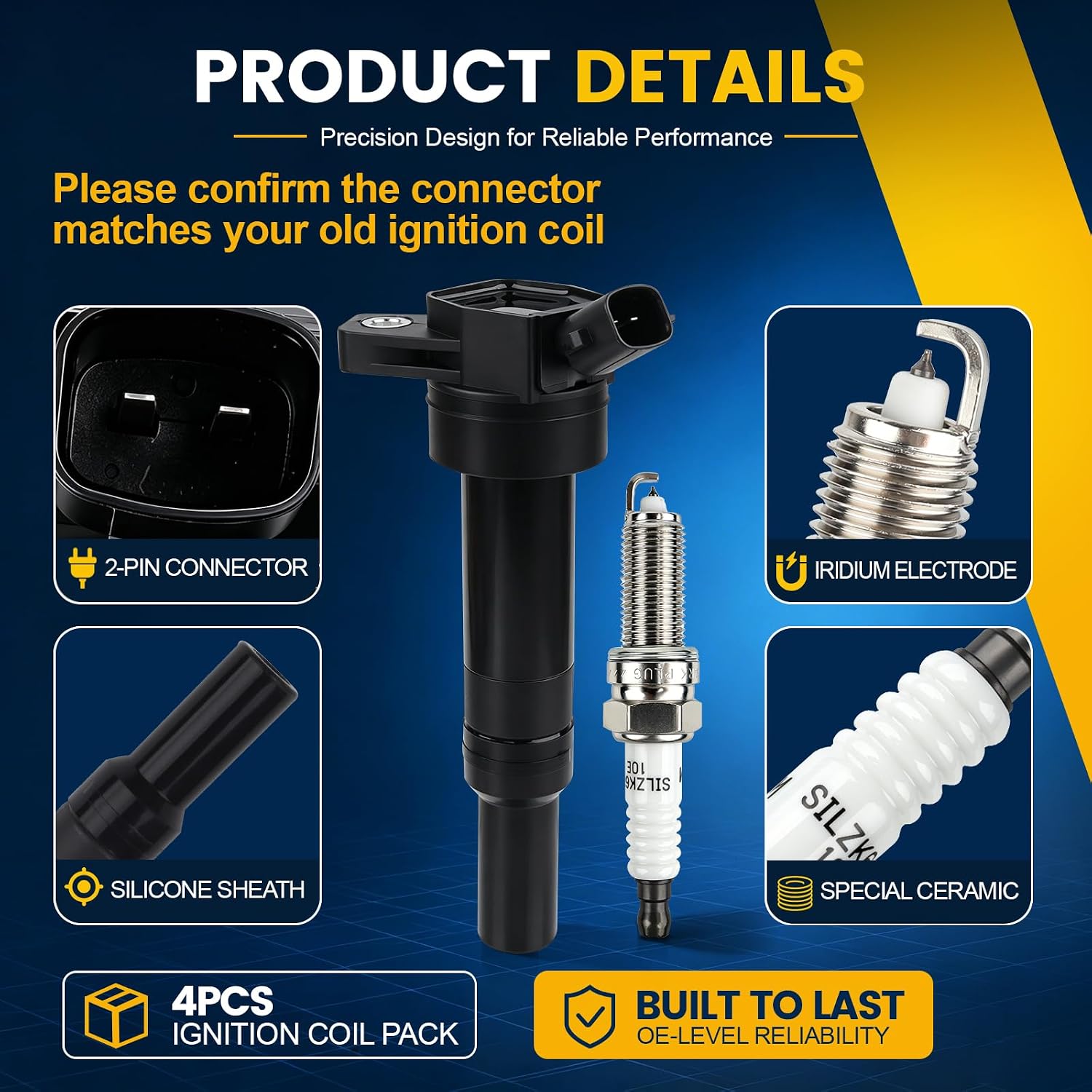 Ezexpreze UF651 Set of 4 Ignition Coil Pack (2-pin) and 93815 Iridium Spark Plugs Compatible with Hyundai Elantra
