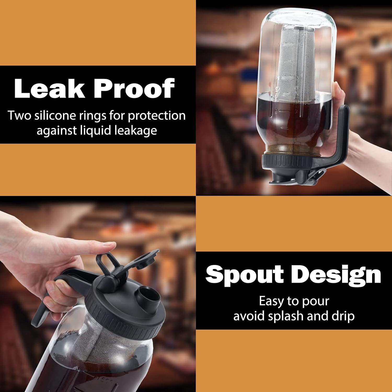 Cold Brew Mason Coffee Maker - 64oz Iced Coffee Pitcher with Stainless Steel Mixing Spoon & Super Dense Filter 3