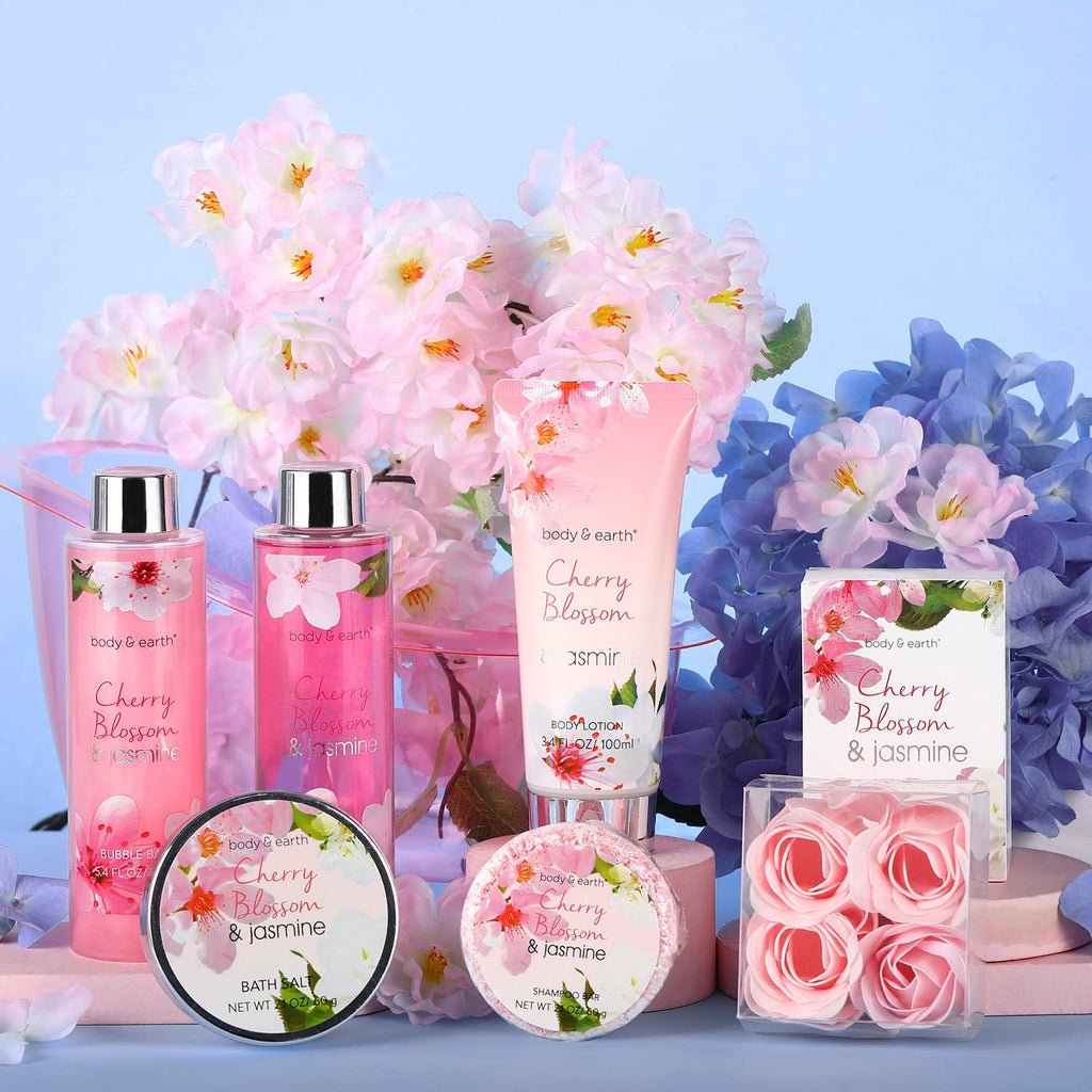 Gift Baskets for Women Bath and Body Set for Her, Cherry Blossom & Jasmine Spa Gifts for Women , Birthday, Mother's