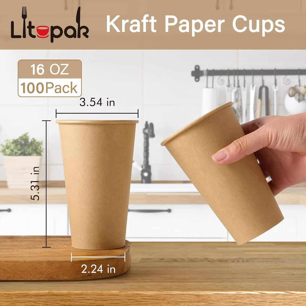 100 Pack 16 oz Kraft Paper Coffee Cups, Disposable Coffee Cups