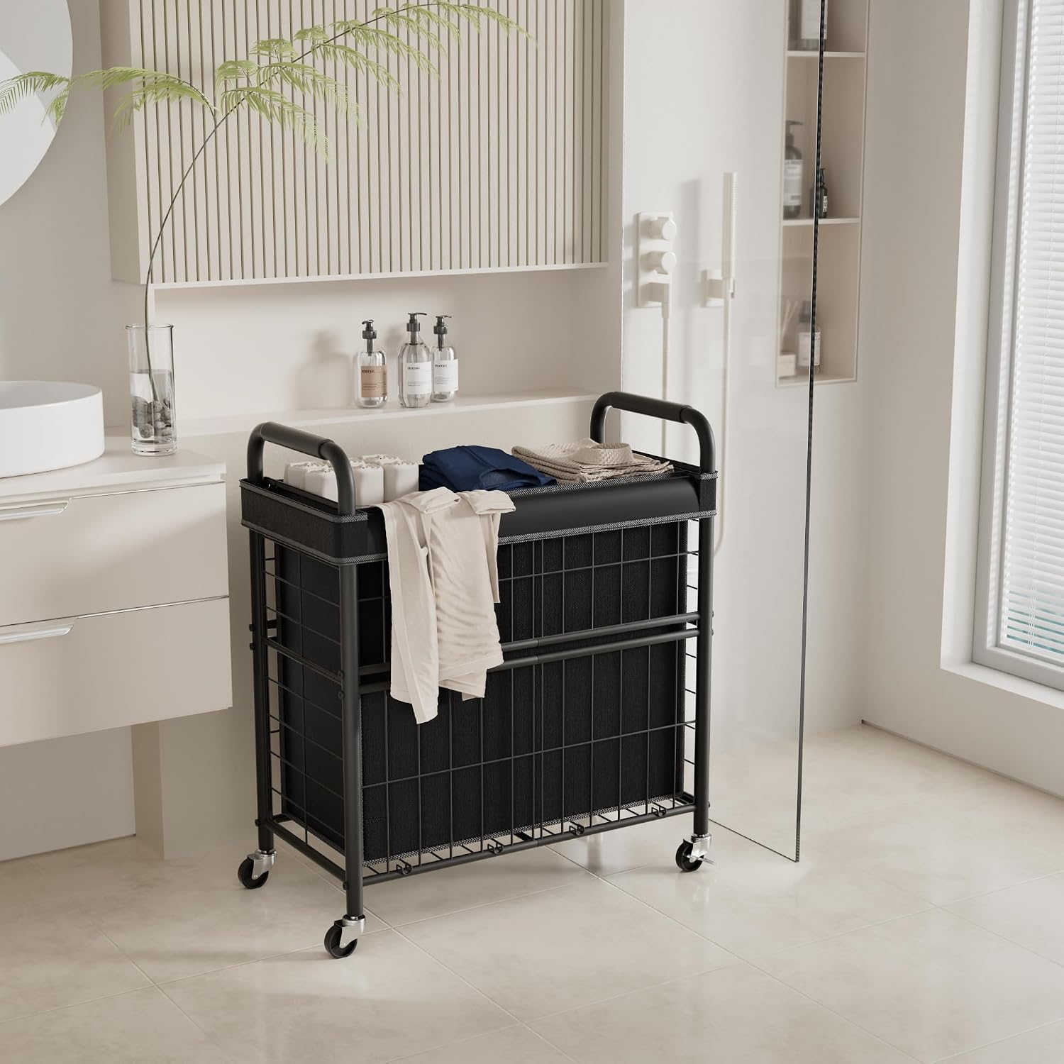 145L Rolling laundry Sorter Hamper Basket 3 Section with Wheels | Laundry Cart with Removable Bag, Clothes Organizer
