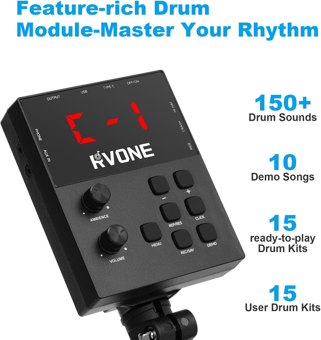 Electric Drum Set for Beginner with Kick Hammer Pedal,10" Cymbals, 4 Mesh Pads, Supports Sensitivity Adjustment,150