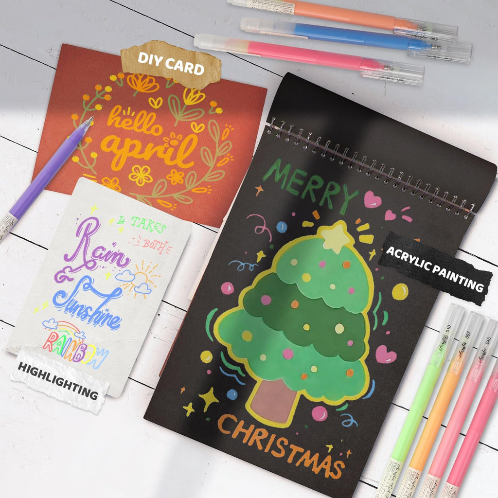 ZSCM 24 Colors 3D Acrylic Gel Pens & Black Paper Sketchbook for Drawing, 1mm Fine Point Acrylic Ink Pen, Opaque