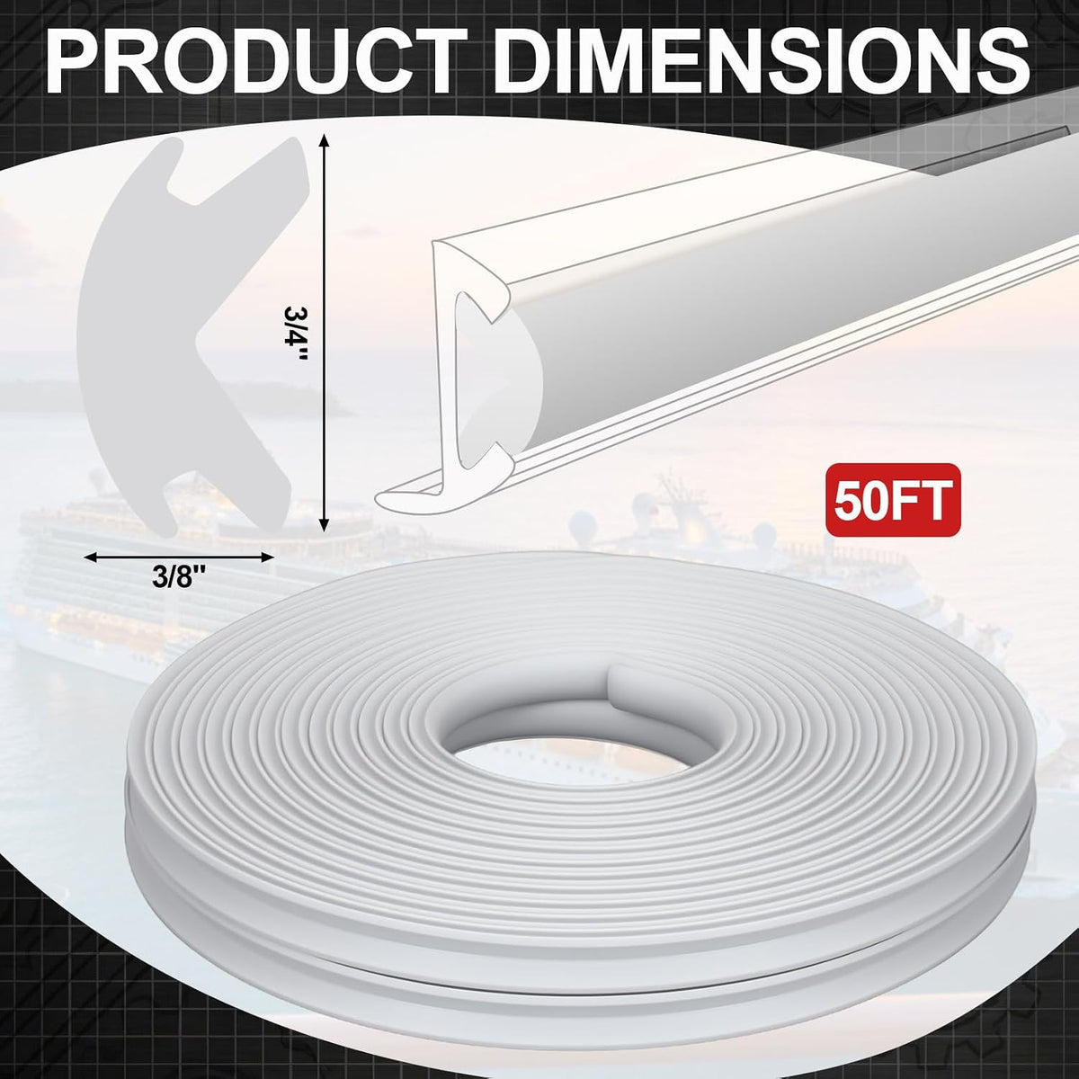 DaisyInner 50 ft White Vinyl Rub Rail Insert, 3/4 x 3/8 Inch