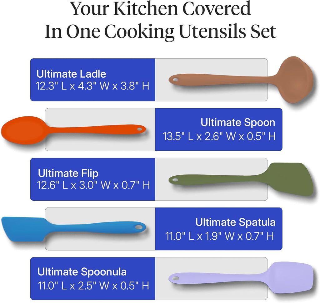 : Get It Right 5 Piece Silicone Ultimate Kitchen Utensils Set - Ladle, Spatula, Flip, Spoon & Spoonula - Non-Toxic