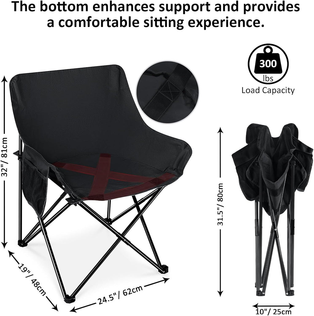Camping Chairs for Adults, 2 Pack Folding Lawn Chair & Table, Black | Oversized & Portable Beach Chair for Outdoor
