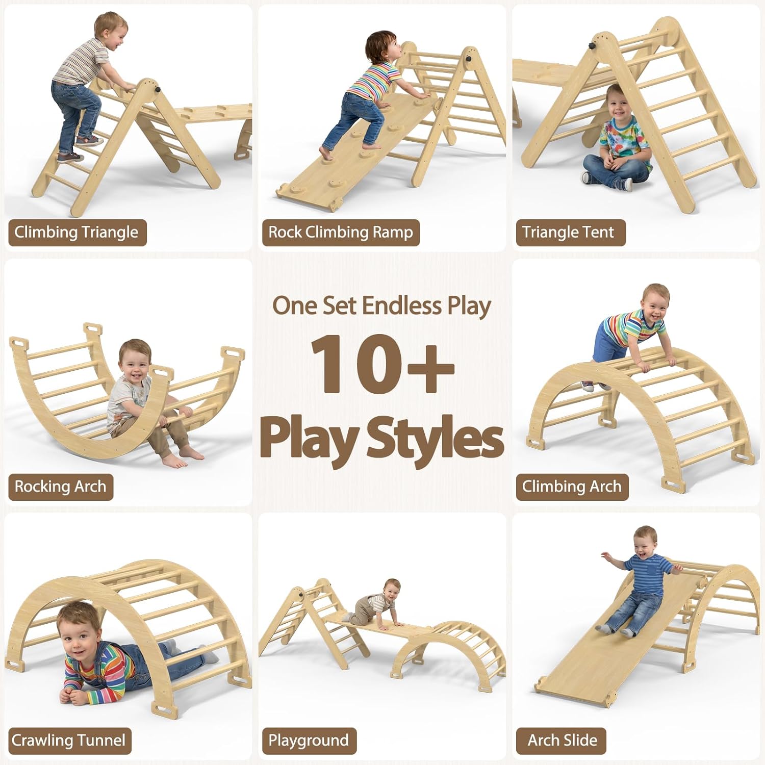 Large Pikler Triangle Set, 7-in-1 Toddler Climbing Toys Indoor, Wooden Montessori Climbing Set with Arch Ramp Ladder