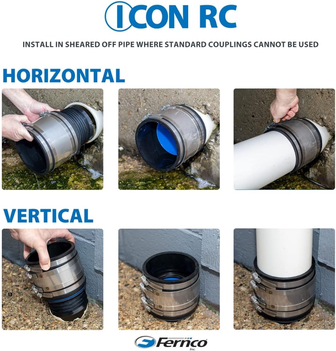 Fernco 4" ICON RC Pushfit DWV Coupling Sheared Off Pipe Connector with Shielded Coupler, Plastic, Cast Iron and Copper