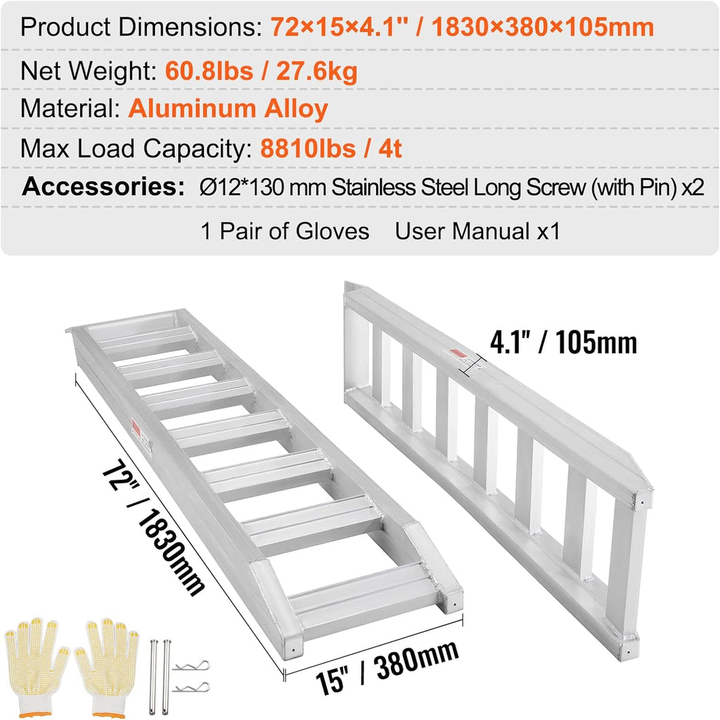Aluminum Ramps, 8810 lbs, Heavy-Duty Ramps with Top Hook Attaching End, Universal Loading Ramp for Motorcycle