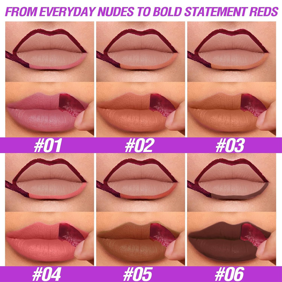 6Pcs Peel Off Lip Liner Set,Lip Stain Peel Off,Long-Lasting Waterproof & Smudge-Proof Matte Lip Liners With Ergonomic