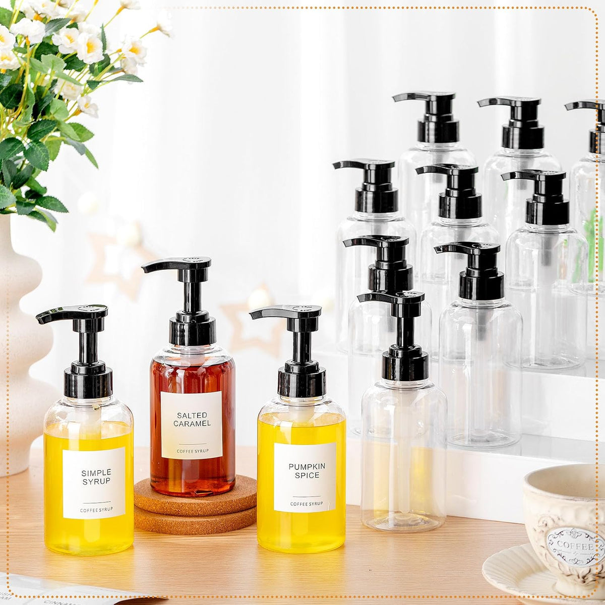12 Pcs Coffee Syrup Dispenser Bottle with Pump Drink Syrup Container with Labels for Kitchen Restaurant Coffee Bar