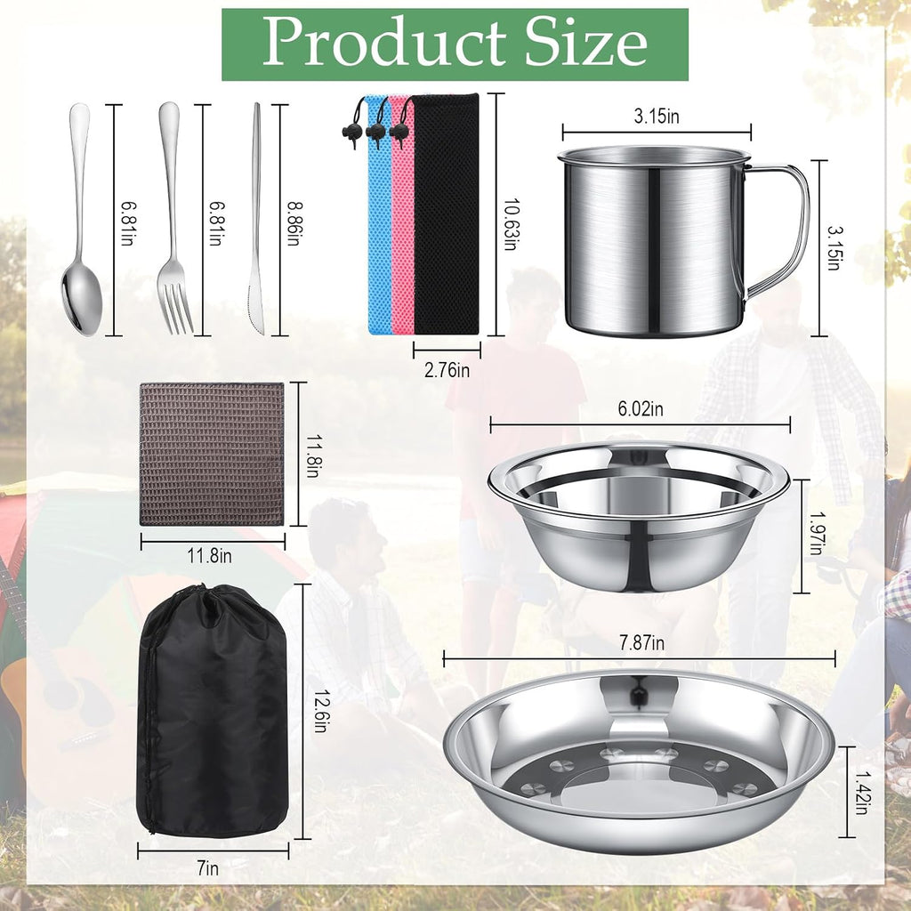 Outdoor Camping Cookware Mess Kit Polished Stainless Steel Dishes Camping Utensils Portable Tableware with Plates