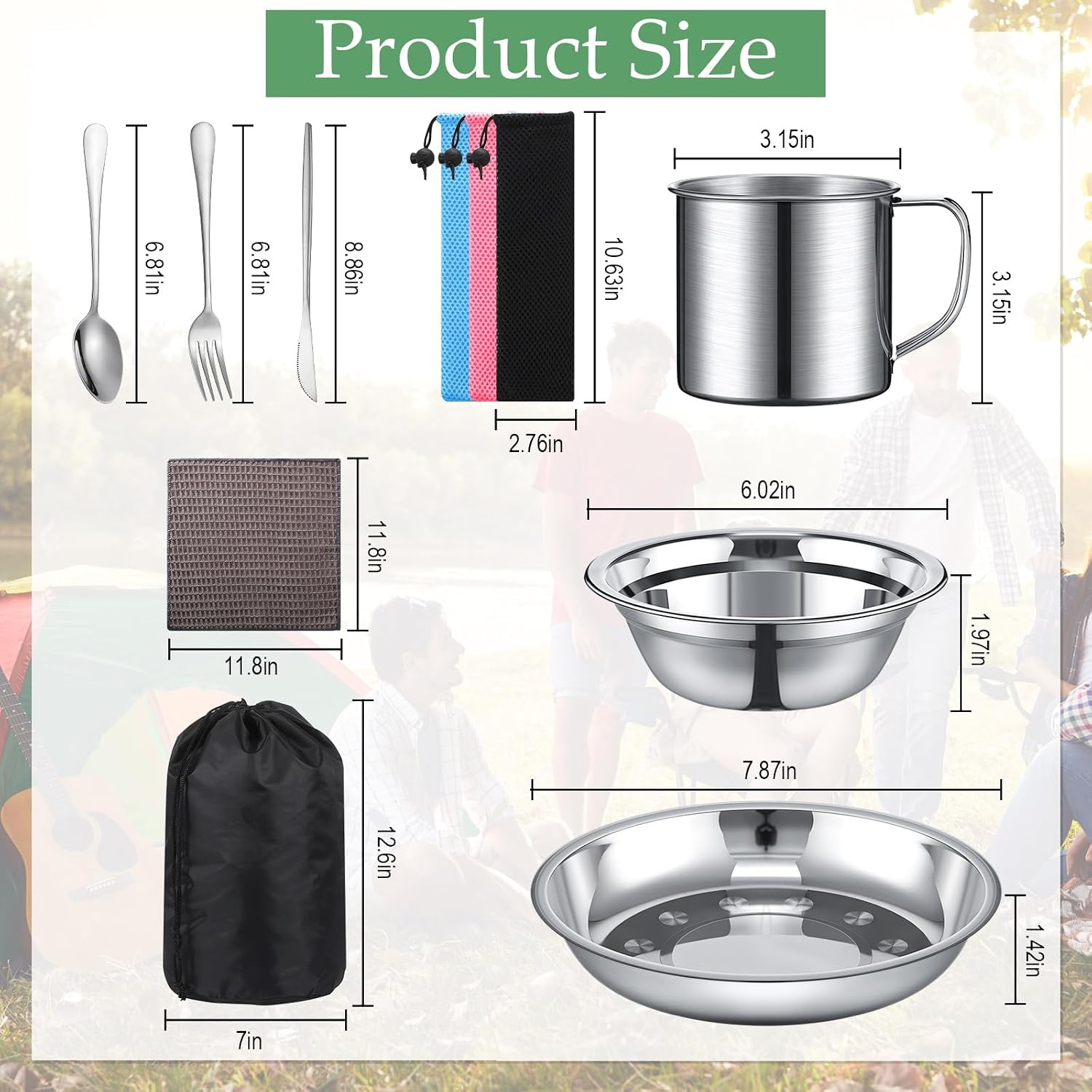 Outdoor Camping Cookware Mess Kit Polished Stainless Steel Dishes Camping Utensils Portable Tableware with Plates