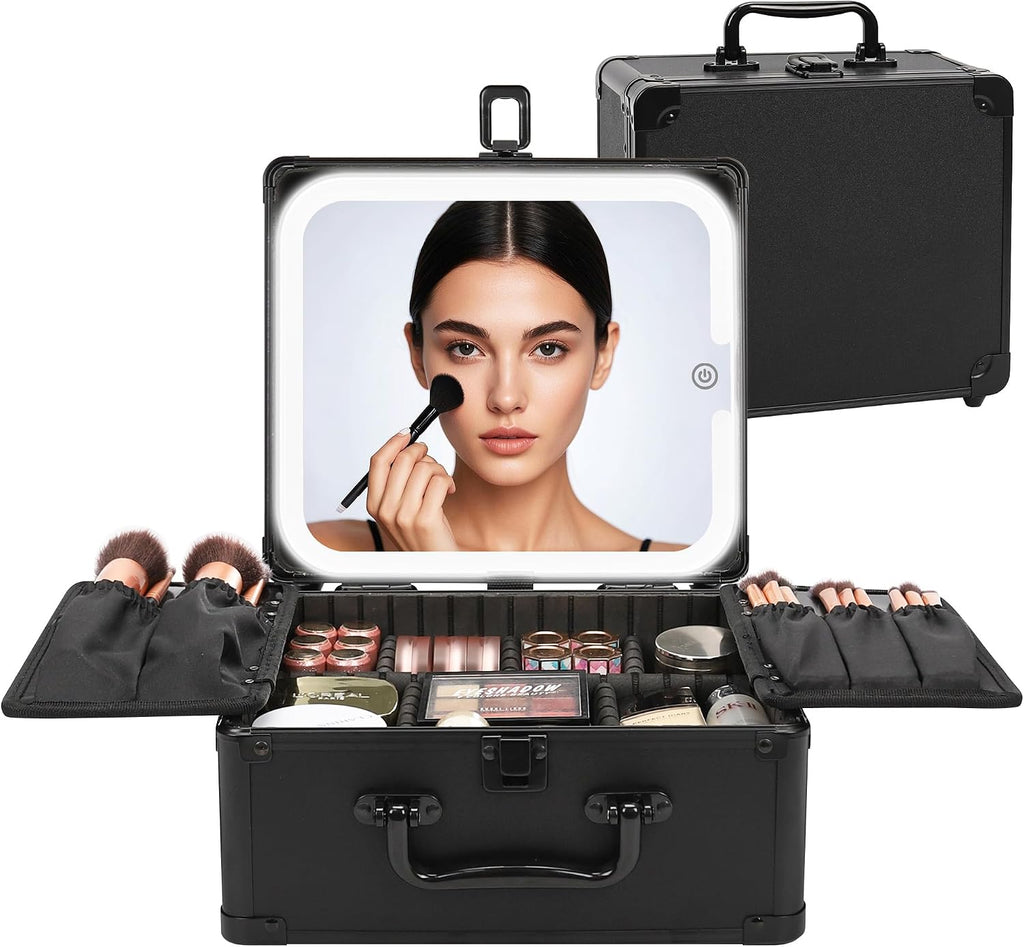 Makeup Bag with LED Mirror, Makeup Box Travel Train Case with Rechargeable Lighted Mirror & Adjustable Dividers