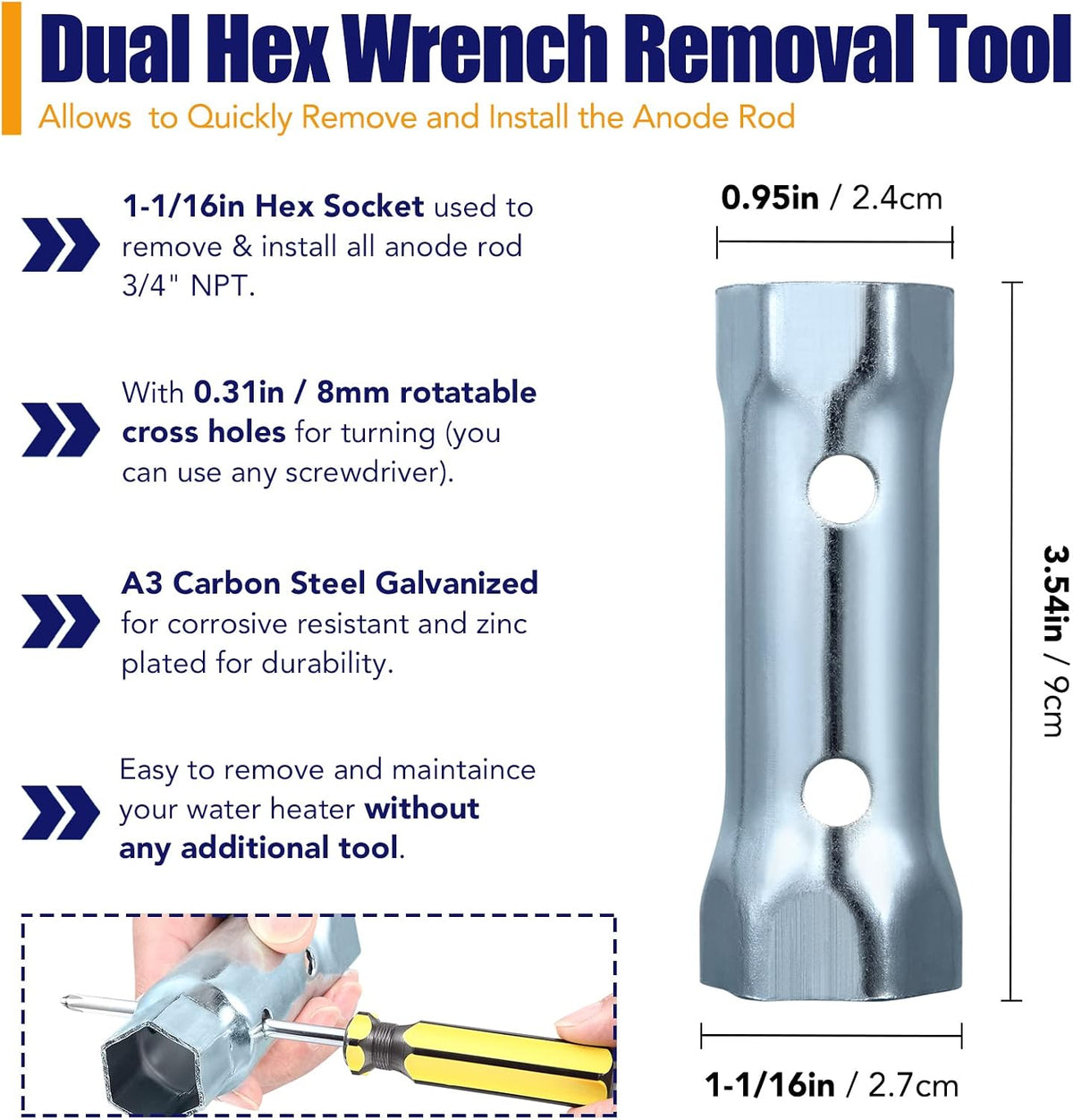 RV Water Heater Anode Rod & Flush Wand & Element Socket - 9.25"L x 3/4"NPT Thread Magnesium Rod for Suburban, Mor-Flo, Camper Hot Water Tank Cleaning Rinser with Dual Hex Wrench Removal Tool
