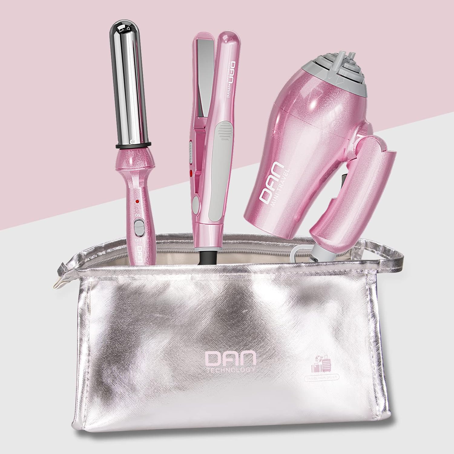 Hair Styling Set, Including Travel Hair Dryer, Mini Flat Iron, and Travel Curling Iron with European Plug, Dual