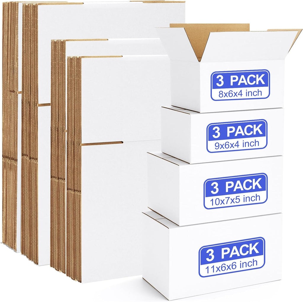 12 Pack Small Shipping Boxes Assorted Sizes, White Corrugated Box Mailers, 8x6x4 &9x6x4 & 10x7x5 & 11x6x6 3 PCS Each