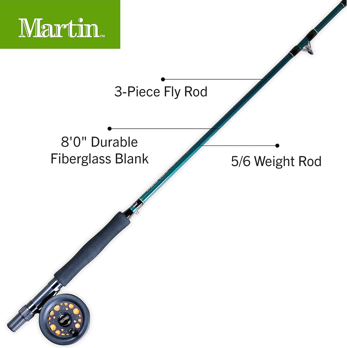 Martin Complete Fly Fishing Kit, 8-Foot 5/6-Weight 3-Piece Fly Fishing Pole, Size 5/6 Rim-Control Reel, Pre-spooled