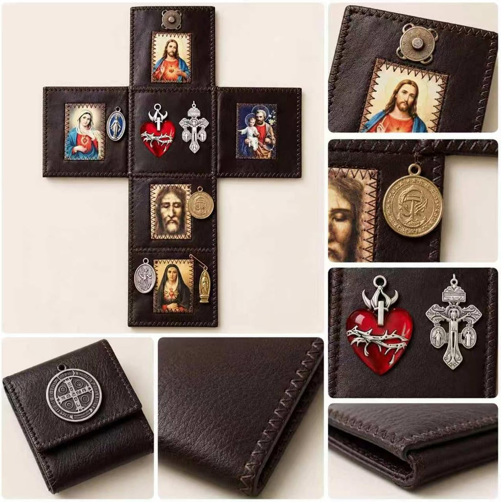 Hand Sewn Leather Catholic Pocket Shrine, Portable Folding Personal Travel Altar with Jesus Sacred Art & Metal